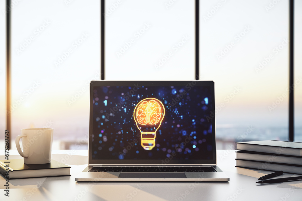 Fototapete creative light bulb with human brain hologram on modern laptop monitor, artificial intelligence and 