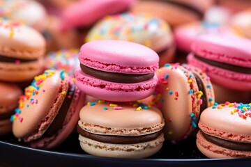Fototapeta na wymiar A pile of vibrant macarons decorated with numerous small edible sprinkles. Generative AI
