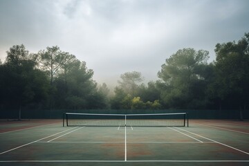 An empty tennis court with no players or visible activity. Generative AI