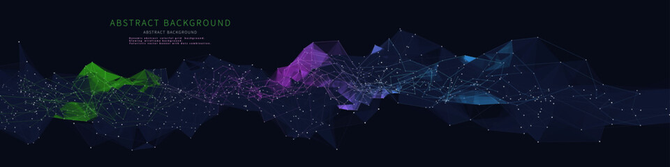 Abstract  background wavy poly grid  in net from points and lines on dark. Technology wireframe concept data plexus in virtual space. Banner for business, science and technology. Big Data.