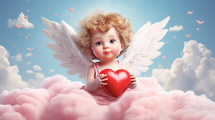 Cute cupid with red heart and wings sitting on a cloud