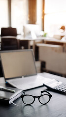 Organized Office Workspace with Glasses, Calculator, and Laptop: Financial Advisor, Budgeting, Tax, Savings, and Business Concept.