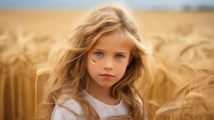 Portrait of a little girl with the flag of Ukraine in a wheat field.