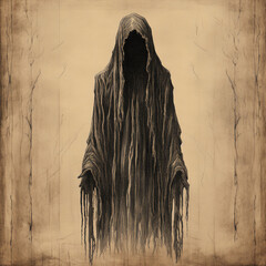 Hauntingly Detailed Line Art Illustration of a Creepy Halloween Wraith