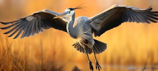 Animal wildlife photography - Gray heron ( Ardea cinerea ) with wings flying wide open - obrazy, fototapety, plakaty