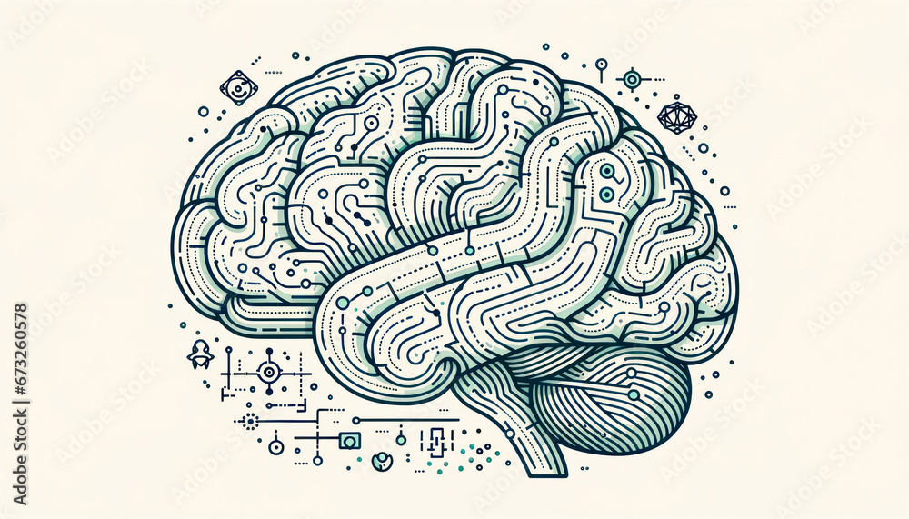 Poster Human brain with microcircuit. Artificial intelligence concept. Generative AI