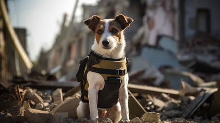 
A bloodhound dog in a bulletproof vest on the ruins of a building .
 - obrazy, fototapety, plakaty