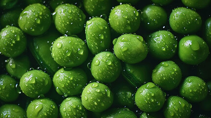 Water Drops on Top View Group of Green Peas with Copy Space Green Background Selective Focus
