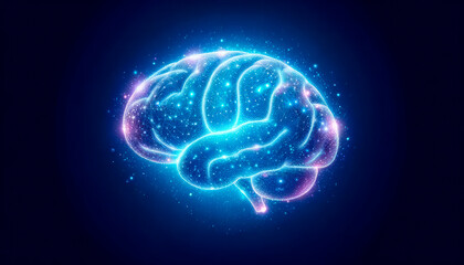 Human brain with glowing light effect on dark blue background. Generative AI