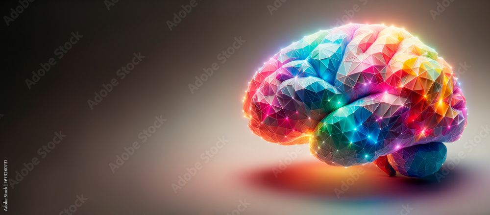 Poster Human brain with colorful low poly gradient background. Neural network concept. Generative AI