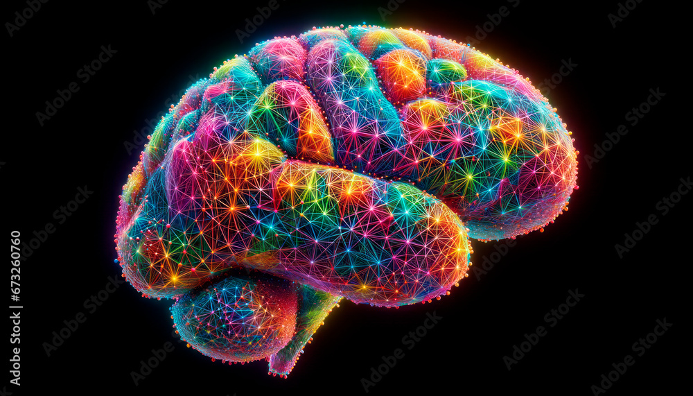 Aufkleber human brain with colorful polygonal network on black background. machine learning concept. generativ