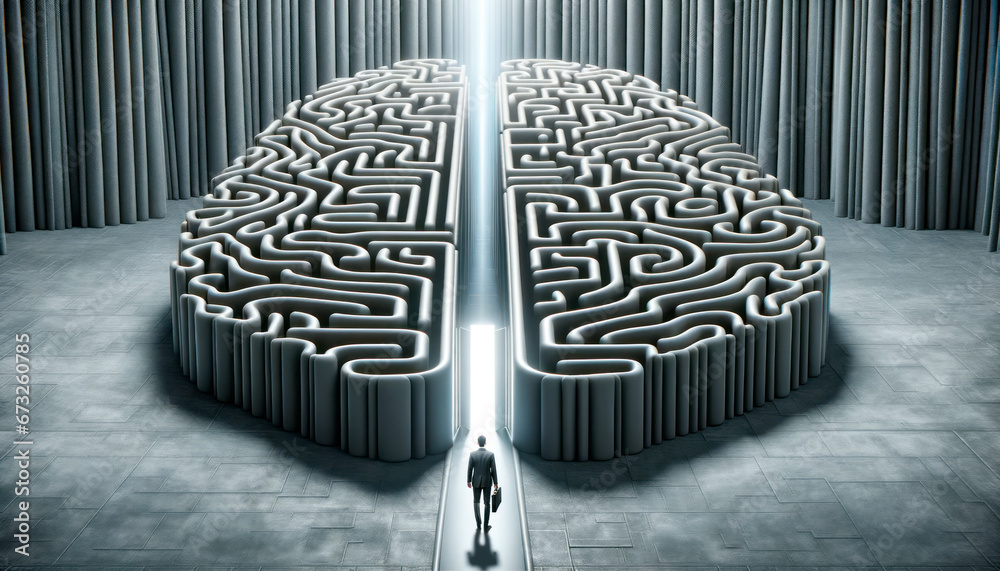 Poster businessman standing in front of a maze with a light at the end. generative ai