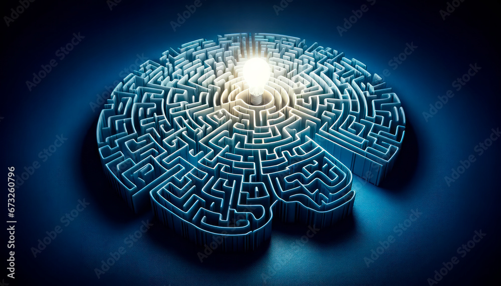 Poster labyrinth and light bulb on dark blue background, idea concept. generative ai