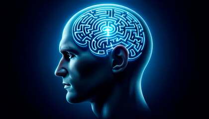 human head with brain maze on dark blue background. Generative AI