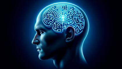 Fototapeta premium human head with brain maze on dark blue background. Generative AI