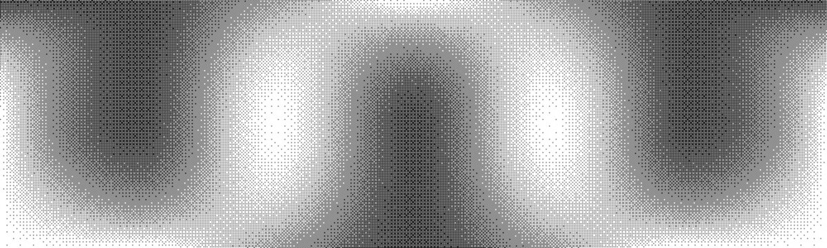 Screentone black waves on a white background with dot texture and dithering. Monochrome halftone vector background in the form of a sine wave with a pattern of circles.