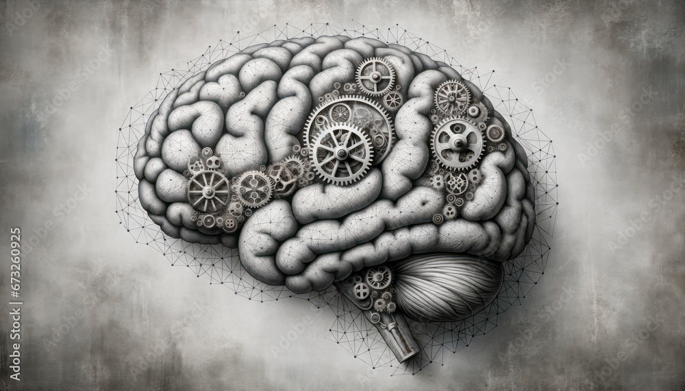 Poster human brain with gears and cogwheels on grey background. generative ai
