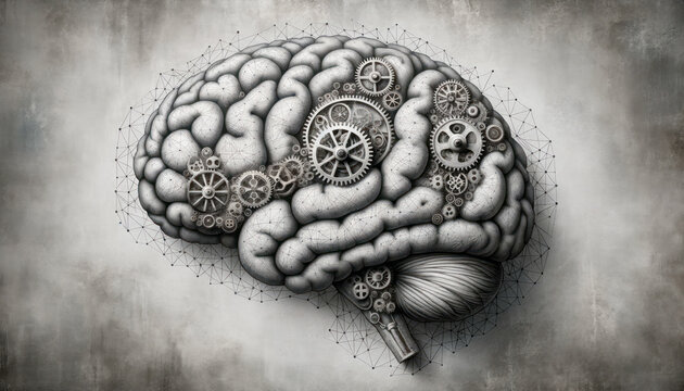 Human brain with gears and cogwheels on grey background. Generative AI