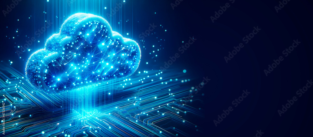 Poster Cloud computing technology concept on binary code background with empty place. Generative AI