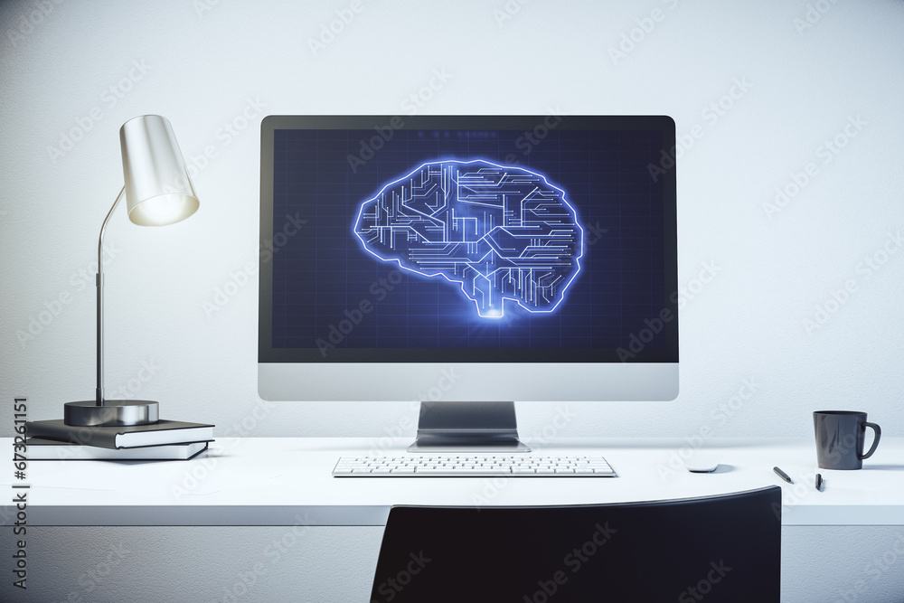 Poster creative artificial intelligence concept with human brain hologram on modern laptop screen. 3d rende