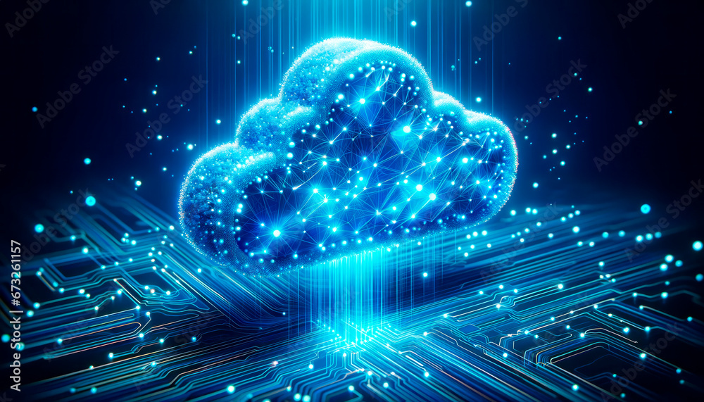 Poster Cloud computing concept over circuit board background. Generative AI
