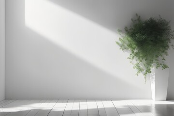 Leaves shadow on white wall with sunlight and shadow from window