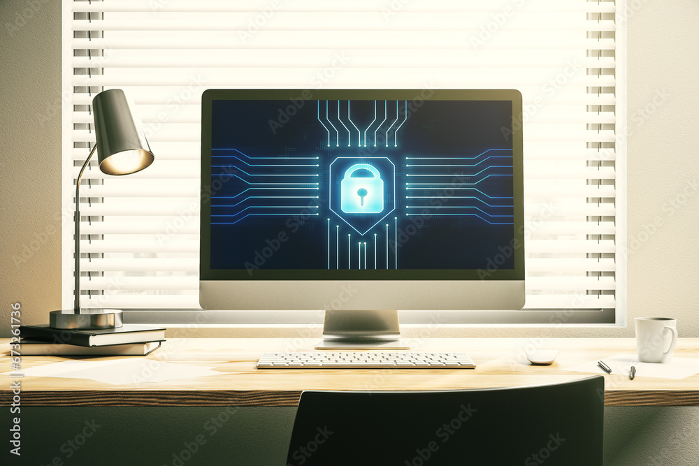 Poster Creative lock sketch with chip hologram on modern computer monitor, protection of personal data concept. 3D Rendering