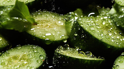 Water Drops Fresh Organic Whole and Sliced Cucumber on Defocused Background