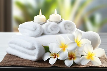 Naklejka na ściany i meble SPA composition - white towels, candles and frangipani flowers. AI generative