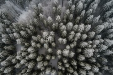 Snowy forest view from above. Generative AI