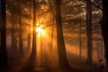 foggy sunrise among trees. Generative AI