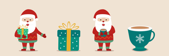 Collection of santa claus characters with different gesturing. Cartoon vector illustrations of santa claus. Merry christmas and happy new year