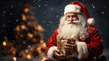 A kind Santa in classic clothes and a hat holds gifts and smiles. 