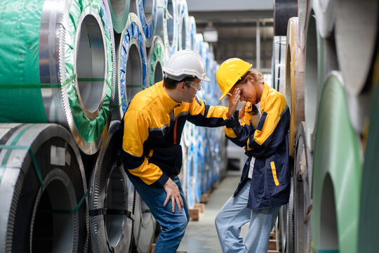 tired female worker feeling sick after stressed work in manufacturing factory, exhausted woman technician has problem working overload, male foreman support consoling and encorage at metal warehouse