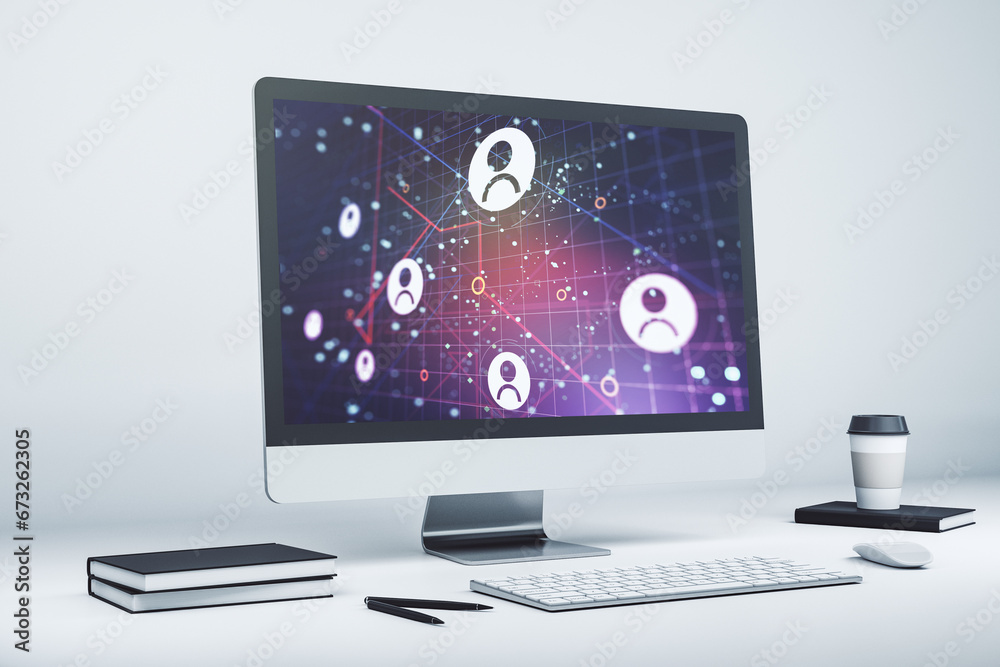 Poster Modern computer screen with social network media concept. 3D Rendering