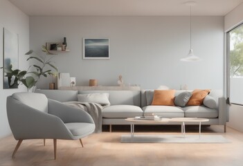 Fototapeta premium interior of modern living room with sofa and coffee table interior of modern living room with sofa and coffee table white living room interior design with a sofa, a coffee table and two coffee plants 