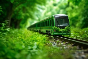 Train or bus in nature with green leaves. Concept of green and ecological mobility, ecology, and renewable resources. Sustainable mobility. Generative AI - obrazy, fototapety, plakaty