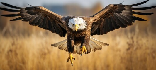 Animal wildlife photography - Bald eagle (haliaeetus leucocephalus) with wings flying wide open - Powered by Adobe