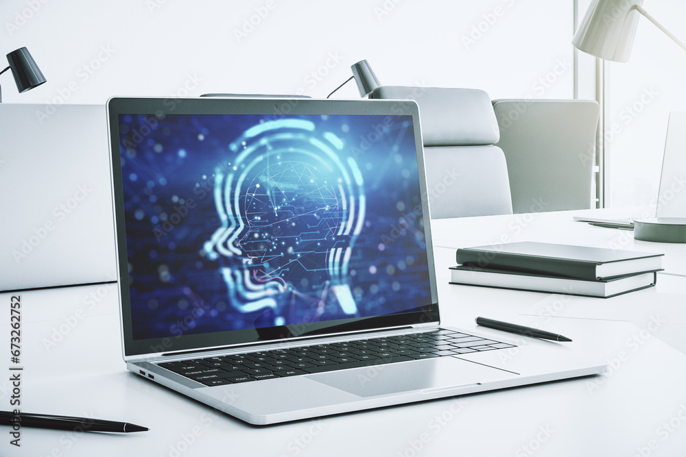 Poster creative artificial intelligence concept with human head hologram on modern laptop screen. 3d render