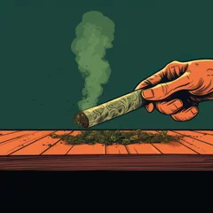 Fotobehang A rolled joint smoking over a pile of weed © Craig