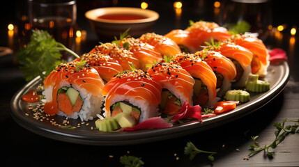 Various Kinds of Sushi Served on Table in Restaurant Blurred Background