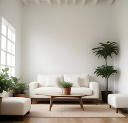 Fototapeta na wymiar Inside the living room, white walls and a large white sofa are decorated with potted plants in a minimalist style