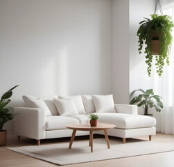 Inside the living room, white walls and a large white sofa are decorated with potted plants in a minimalist style