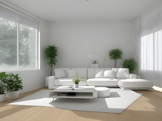 Inside the living room, white walls and a large white sofa are decorated with potted plants in a minimalist style