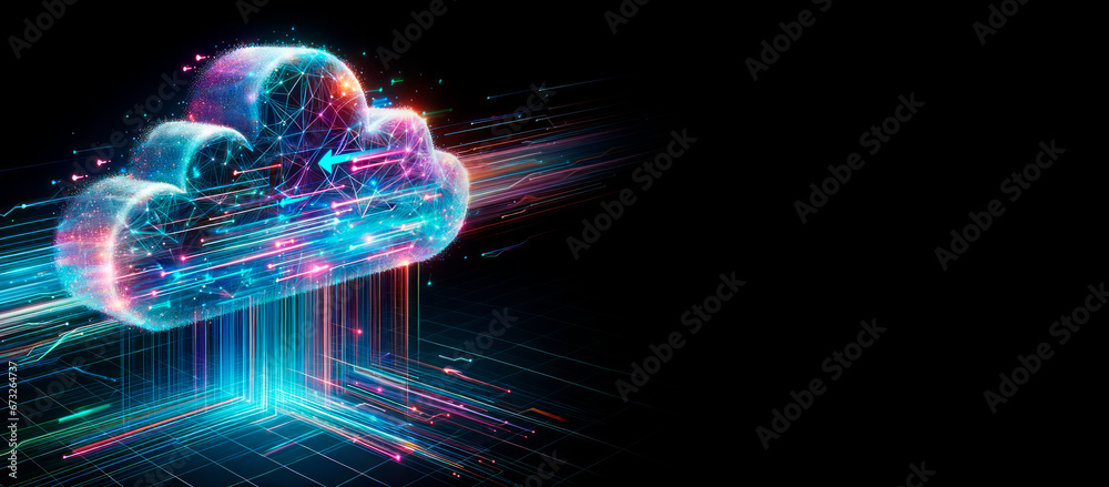 Poster Cloud computing technology concept on black background with empty space, design template. Generative AI