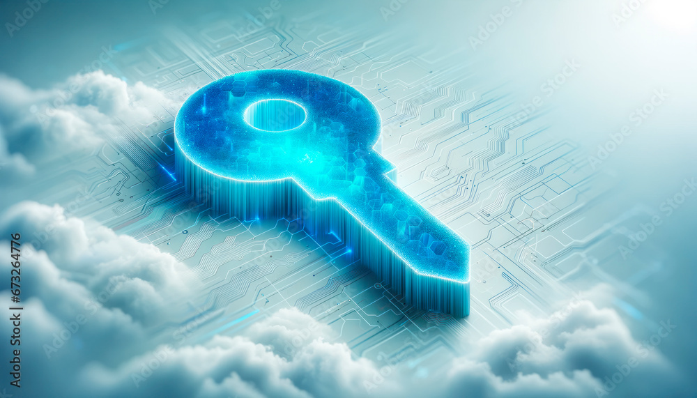 Poster Key in the cloud with circuit board background. Digital security and data protection concept. Generative AI
