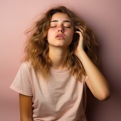 Fototapeta premium Sleepy girl wearing casual t shirt over pink background yawning tired covering half face with hand. face hurts in pain.