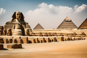 Monumental sculpture of the Sphinx and the great pyramids in the background, Giza Plateau, Egypt