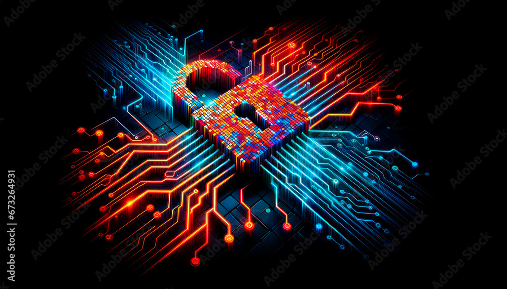 Poster cyber security concept, circuit board and lock. generative ai