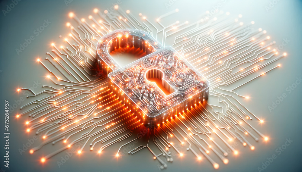 Poster cyber security concept. closed padlock on circuit board. generative ai